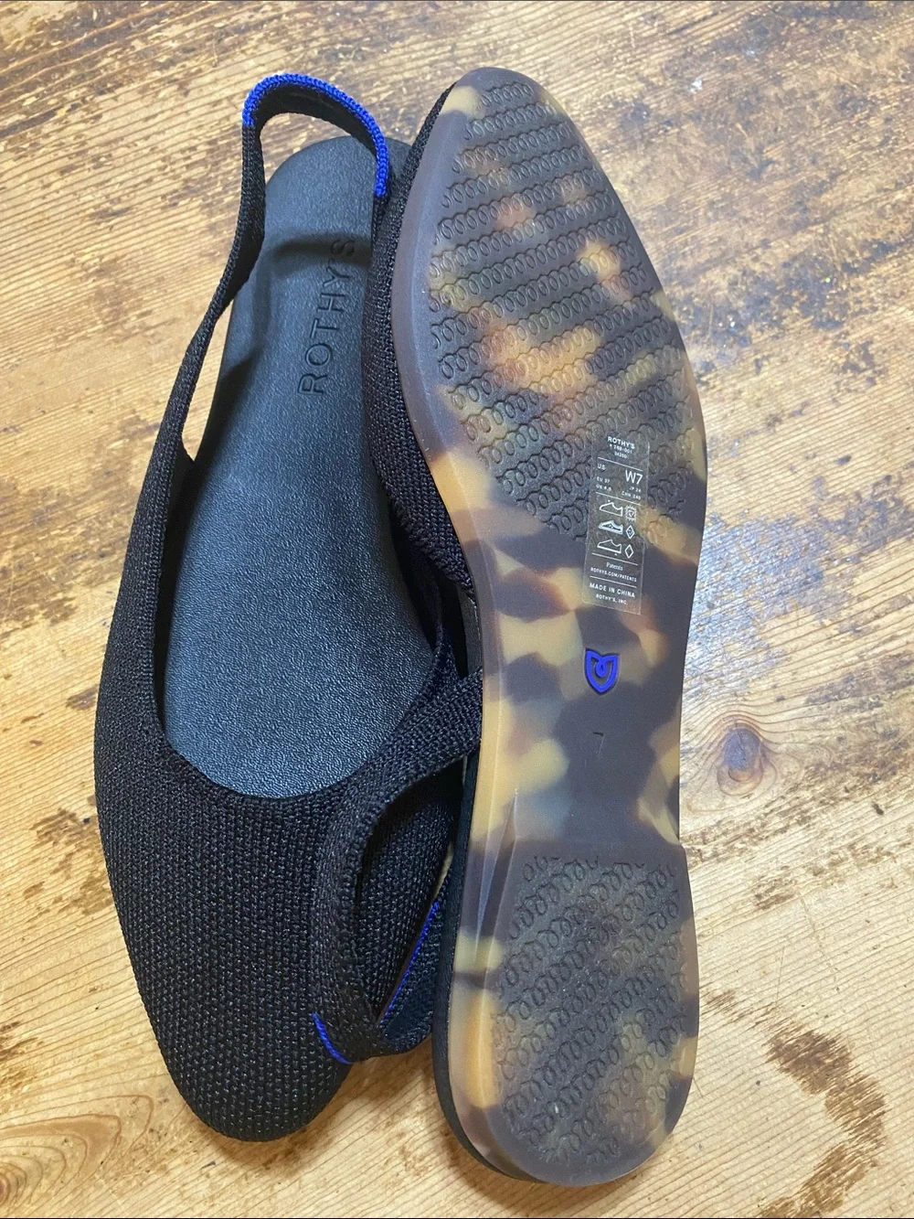 Rothy's Black Pointed Knit Slingback Flats with Blue Accent